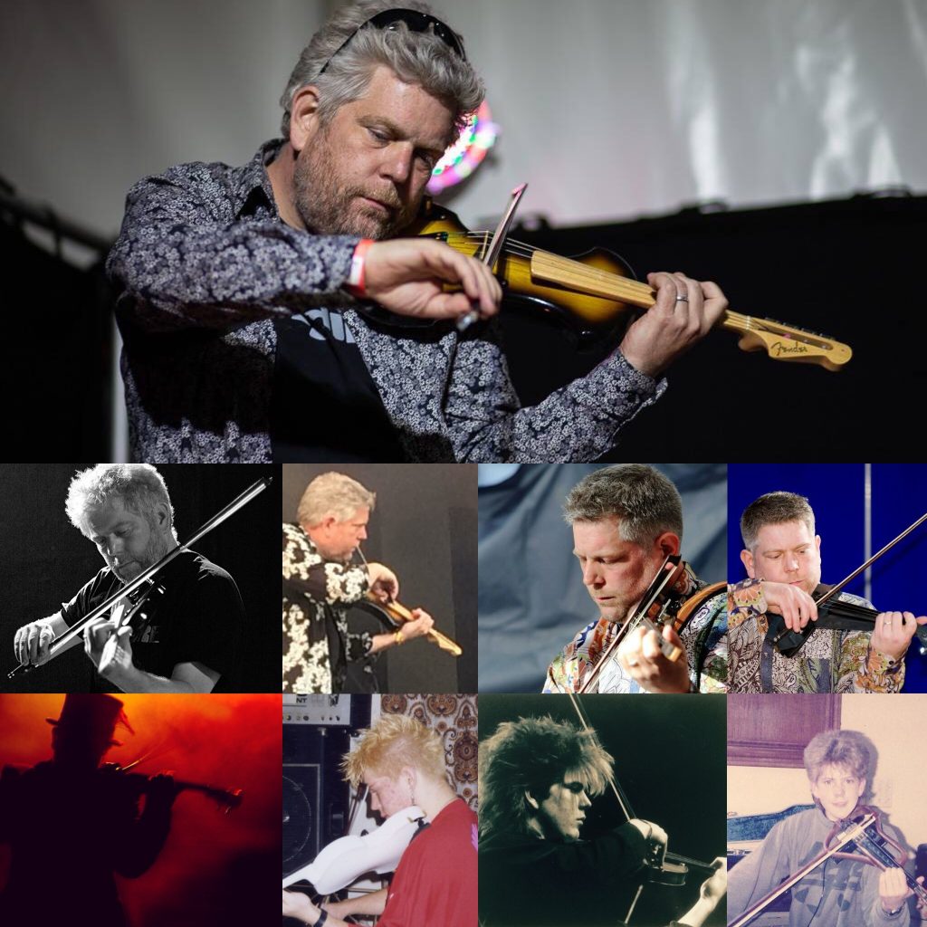 collage of photos of author playing electric violin since 1985